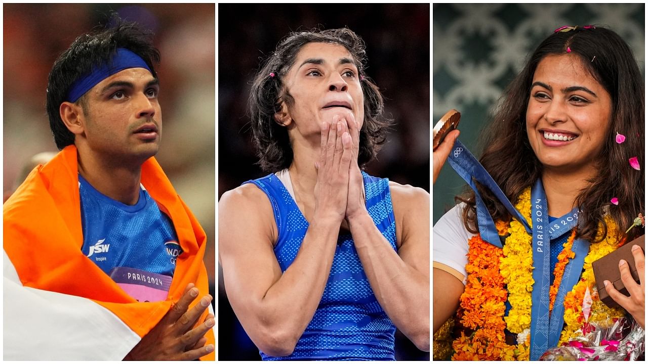 <div class="paragraphs"><p>(From L to R) Neeraj Chopra; Vinesh Phogat; Manu Bhaker</p></div>